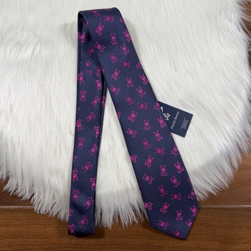 Psycho Bunny Men's Multicolor Blue Pink Skull Bunny Logo 100% Silk Necktie Tie